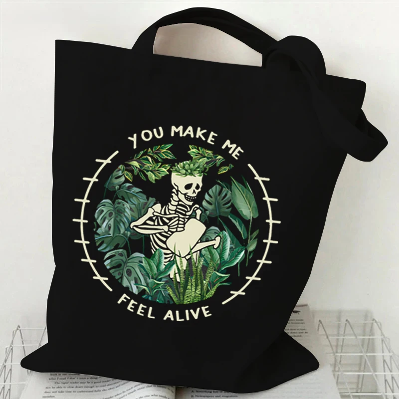 Crazy Plants Canvas Tote Bag Women Vintage Skull Handbag I Need Is Coffee and Plants Print Tote Bag Skeleton Plants Shoulder Bag