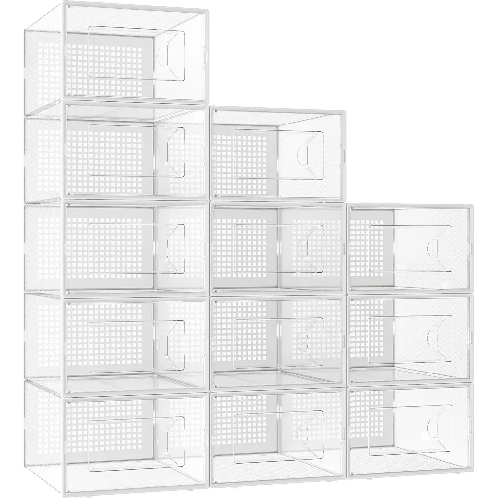 Shoe Storage Box Fits Size 11, Clear Plastic Stackable, Space Saving, Shelf Container Box, 12 Packs