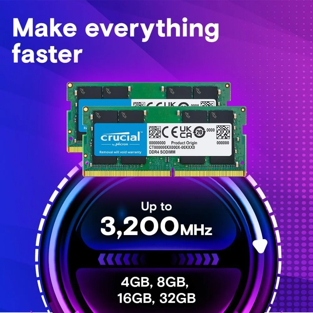 

32GB DDR4 RAM Kit (2x16GB), 3200MHz (PC4-25600) CL22 Laptop Memory, SODIMM 260-Pin, Downclockable to 2933/2666MHz