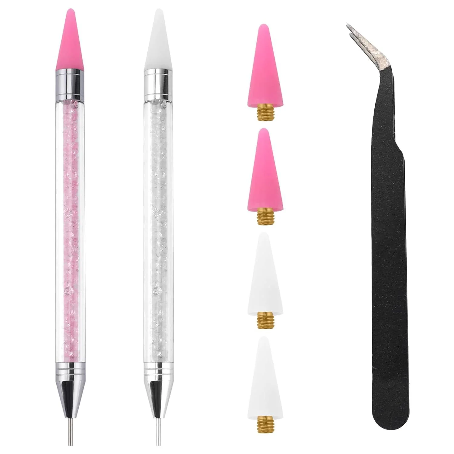 

Набор инструментов для работы со стразами: 2 восковые ручки с 2 сменными восковыми наконечниками, 1 пинцет-аппликатор для кристаллов, черный