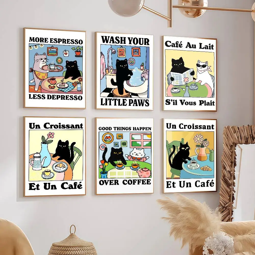 Cute Paws Black Cat More Espresso Less Depresso Posters Dormitory Decorations Bedroom And Living Room Wall Murals Souvenirs