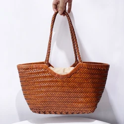 Genuine Leather Handwoven Tote Bags For Women Luxury Designer Handbag And Purses 2024 New In Cowhide With Inner Pocket Shoulder