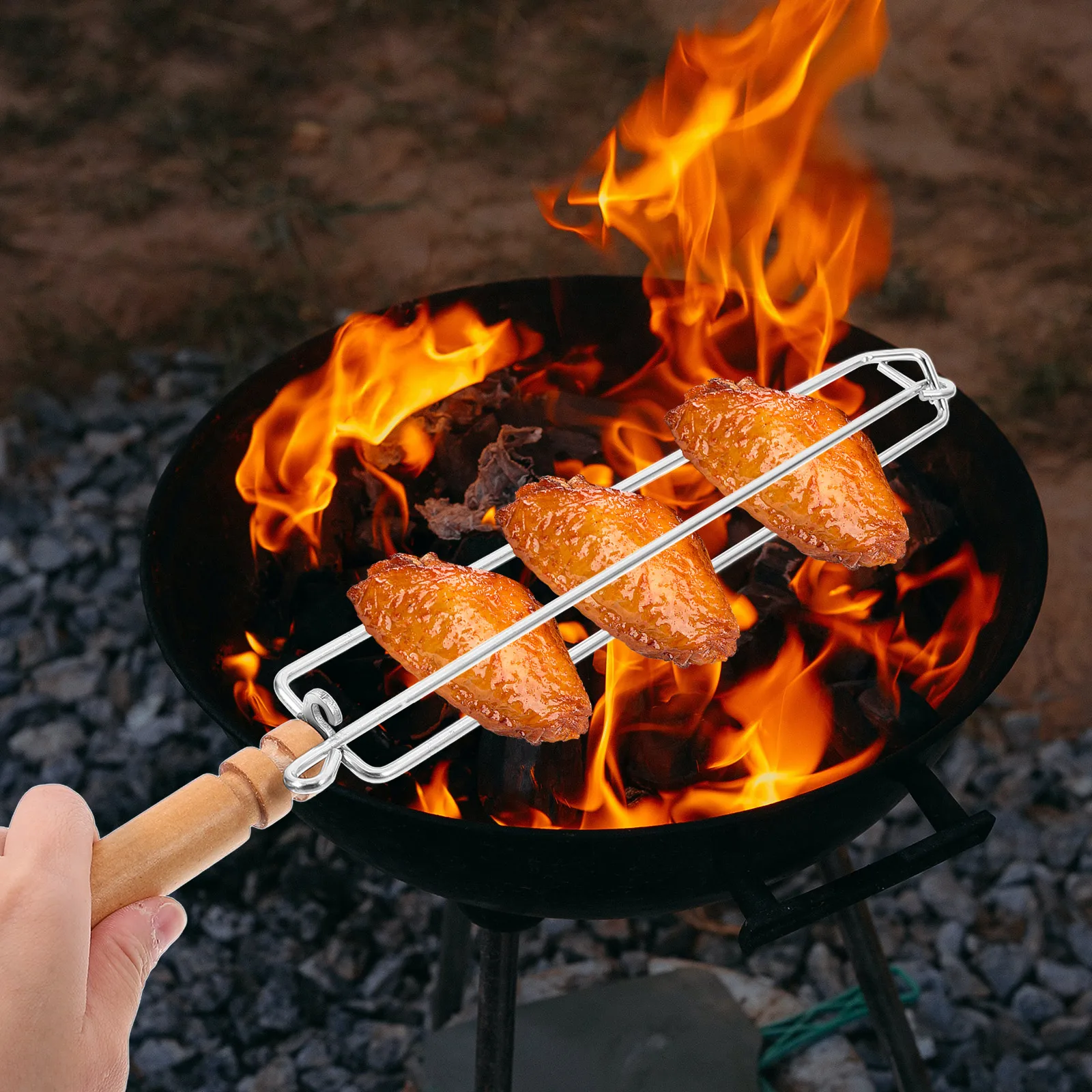 

Stainless Steel Chicken Bbq Grilling Tool Wood Handle Nonslip for Outdoor Camping Barbecue Chicken Leg Rack