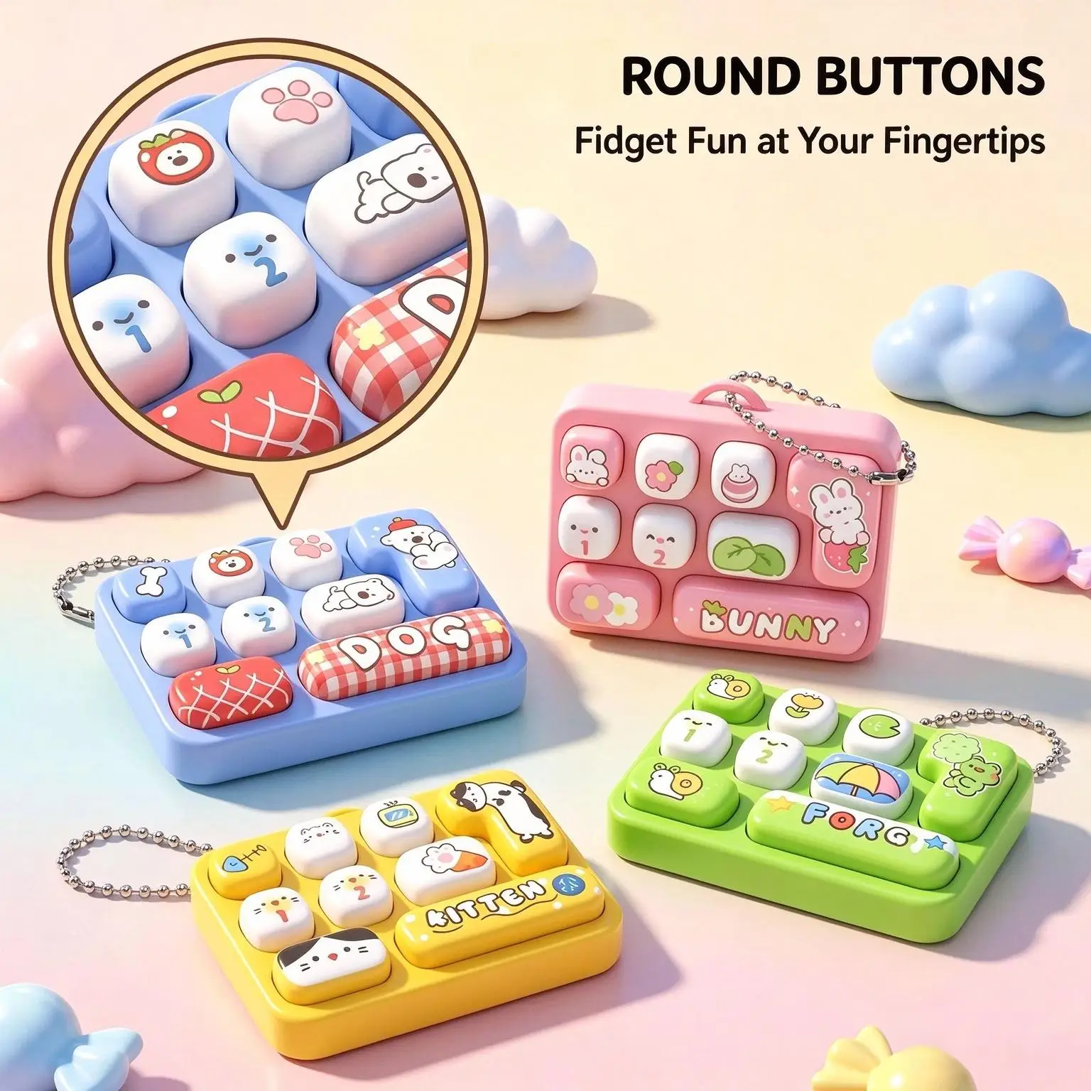 9 Keys Cute Animal Keyboard Fidget Toy Mini Push Button Keychain Pocket Sensory Stress Relief Toy Birthday Goodie Bag Stuffer