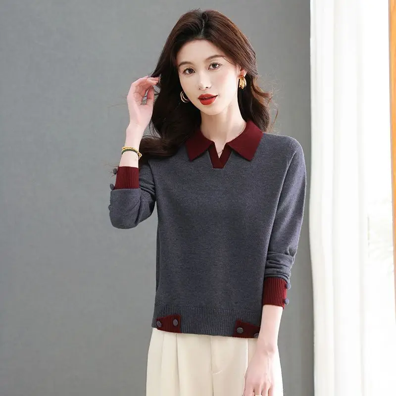 

Cashmere Blouse Color Matching Lapel Sweater Women Thick Knitted Sweater Pullover Wool Bottoming Shirt Female Top Women Clothing