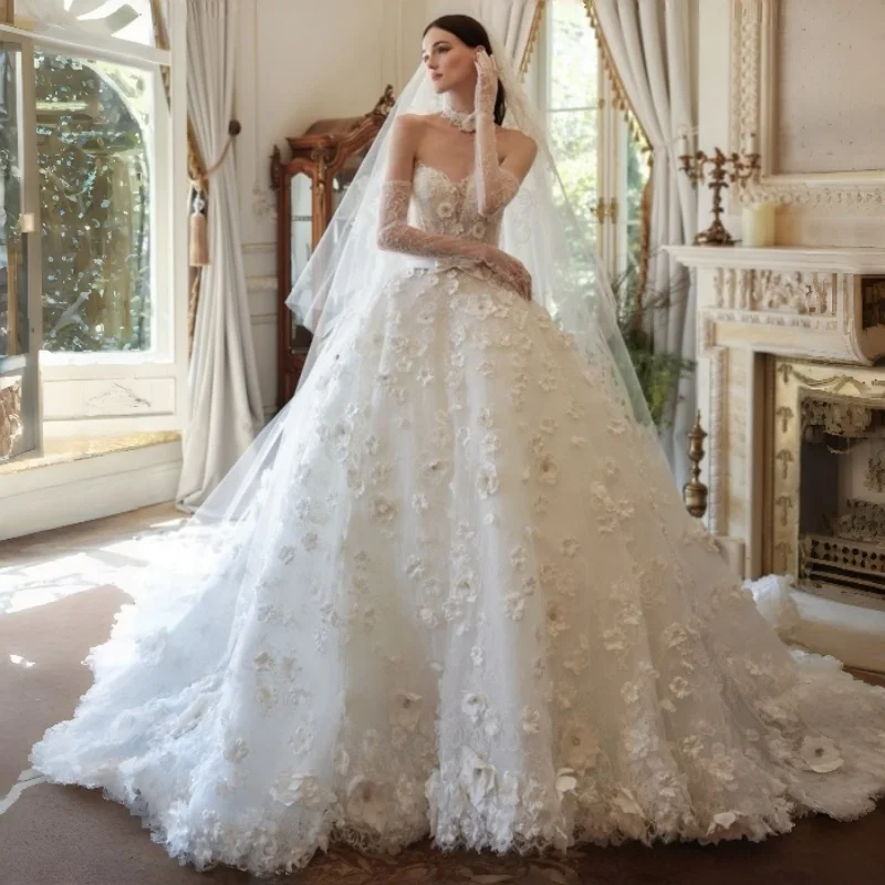 Allover 3D Floral Lace Ball Gown Wedding Dress Lace flower Choker Detachable Gloves Cathedral Train Bridal Gown customizable