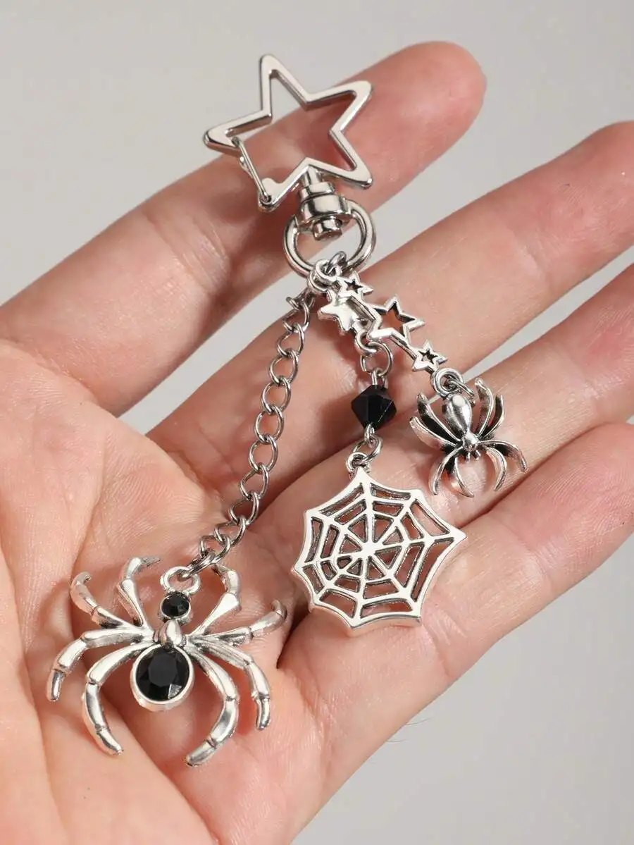 Spider, Star & Cat Pendant Chain With Rhinestone Spider Web Decoration, Keychain Bracelet Bag Charm, For Men And Women,