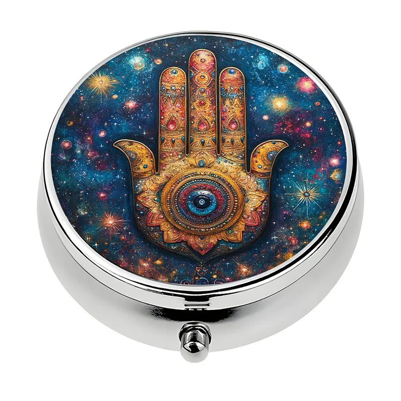 1-piece 3-compartment pill box, spiritual-themed galaxy art pill box, decorative vitamin storage box suitable for handbags, metal vitamin storage box suitable for purses and as a travel gift