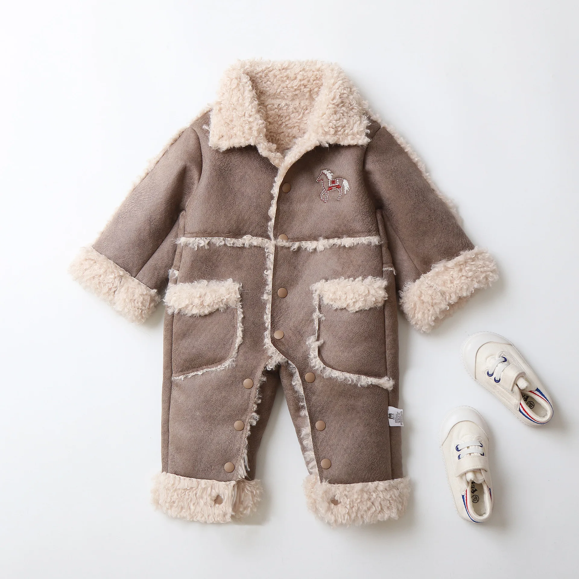 0-2 Y Winter Baby Rompers Animal Embroidery Fur Jumpsuits Soft Lamb Fleece Boys One  Piece Windy Proof Toddler Outfit