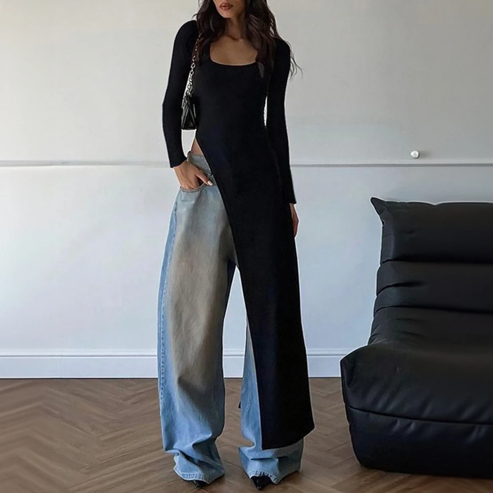 

Women's T-Shirts Autumn Daily Basic Solid Color Long Sleeve Square-Neck Asymmetrical Hem Casual T-Shirts