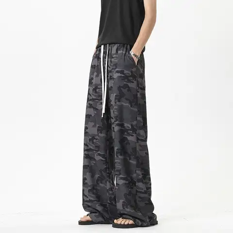 Mens k Gray Camouflage Print Drawstring Pants Loose Fit Wide Leg Casual Streetwear Trousers