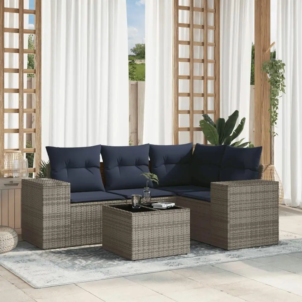 

5 Piece Gray Poly Rattan Patio Sofa Set with Cushions Outdoor Furniture Garden Seating