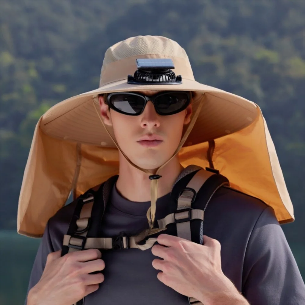 Fashion Large Brim Solar Fan Hat Breathable USB Charging Outdoor Sun Hat UV Protection with Removable Neck Flap Bucket Hat