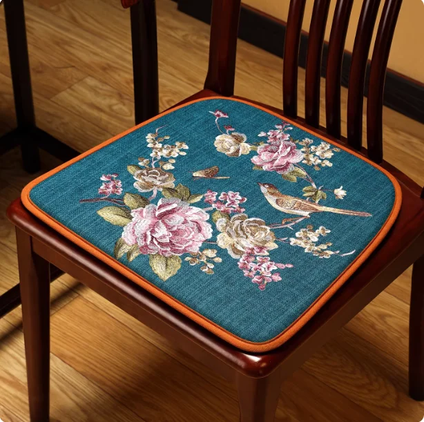 Non-Slip Linen Chair Cushion, New Chinese Peony Embroidered Seat Pad for Wooden Chair Breathable Edge Stitching Dining Chair Mat