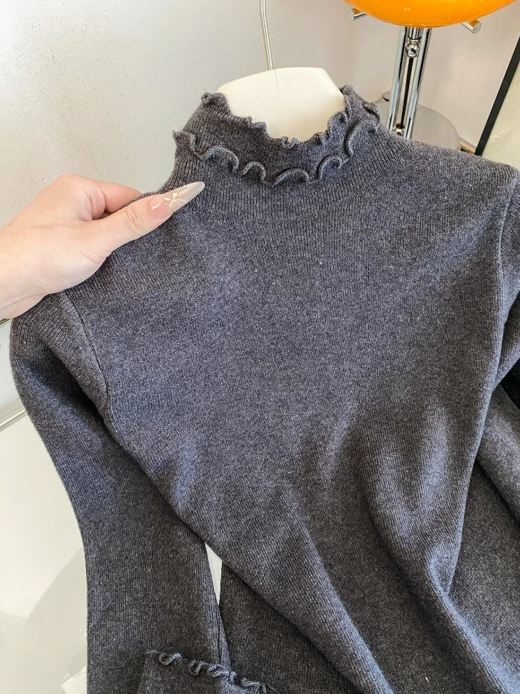 2026 Autumn Winter Sweater Grey Ruffled Mock Neck Women Pullover Knit Base Top Floral Trim Slim Fit Long Sleeve Solid Sweater