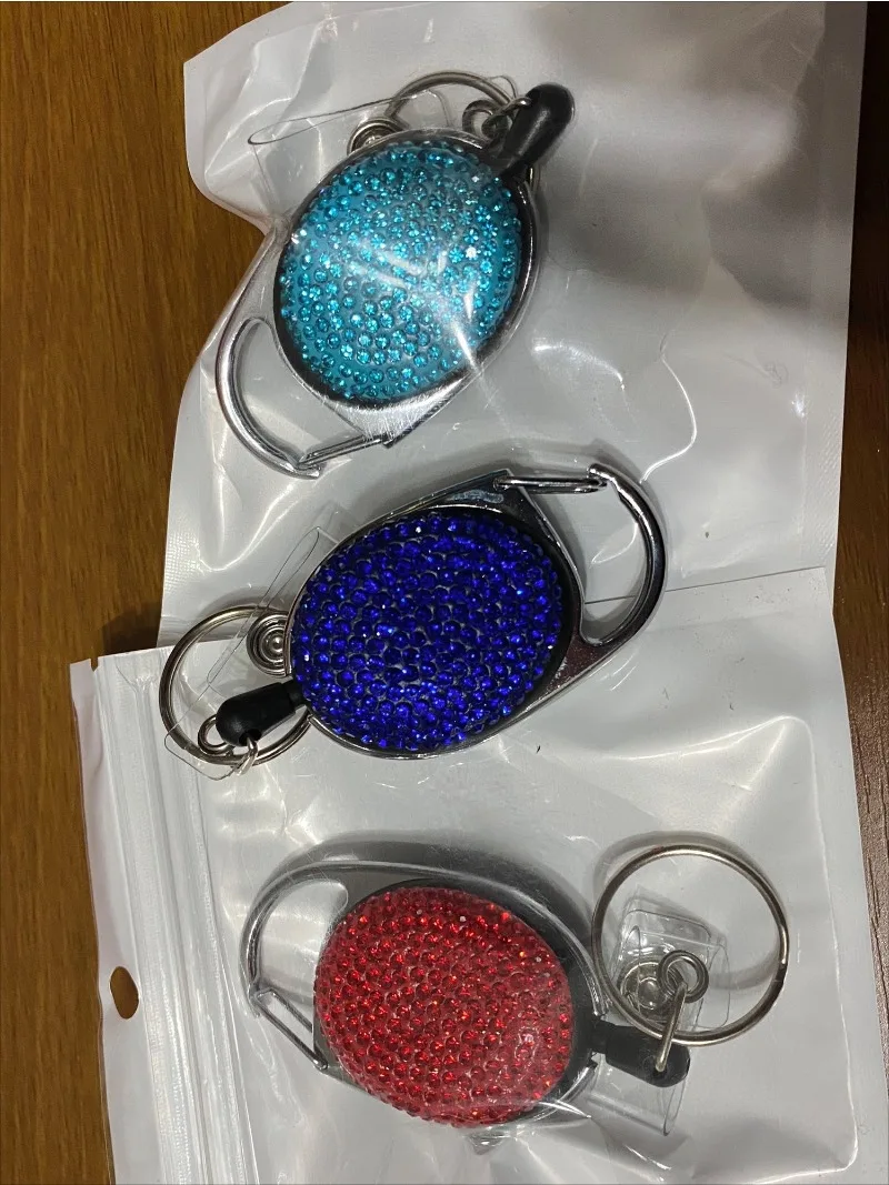 1pc Sparkle Retractable Crystal ID Name BadgeHolderBling Work Card Badge Reel,Fashion Rhinestone Badge Car Bag Keychain