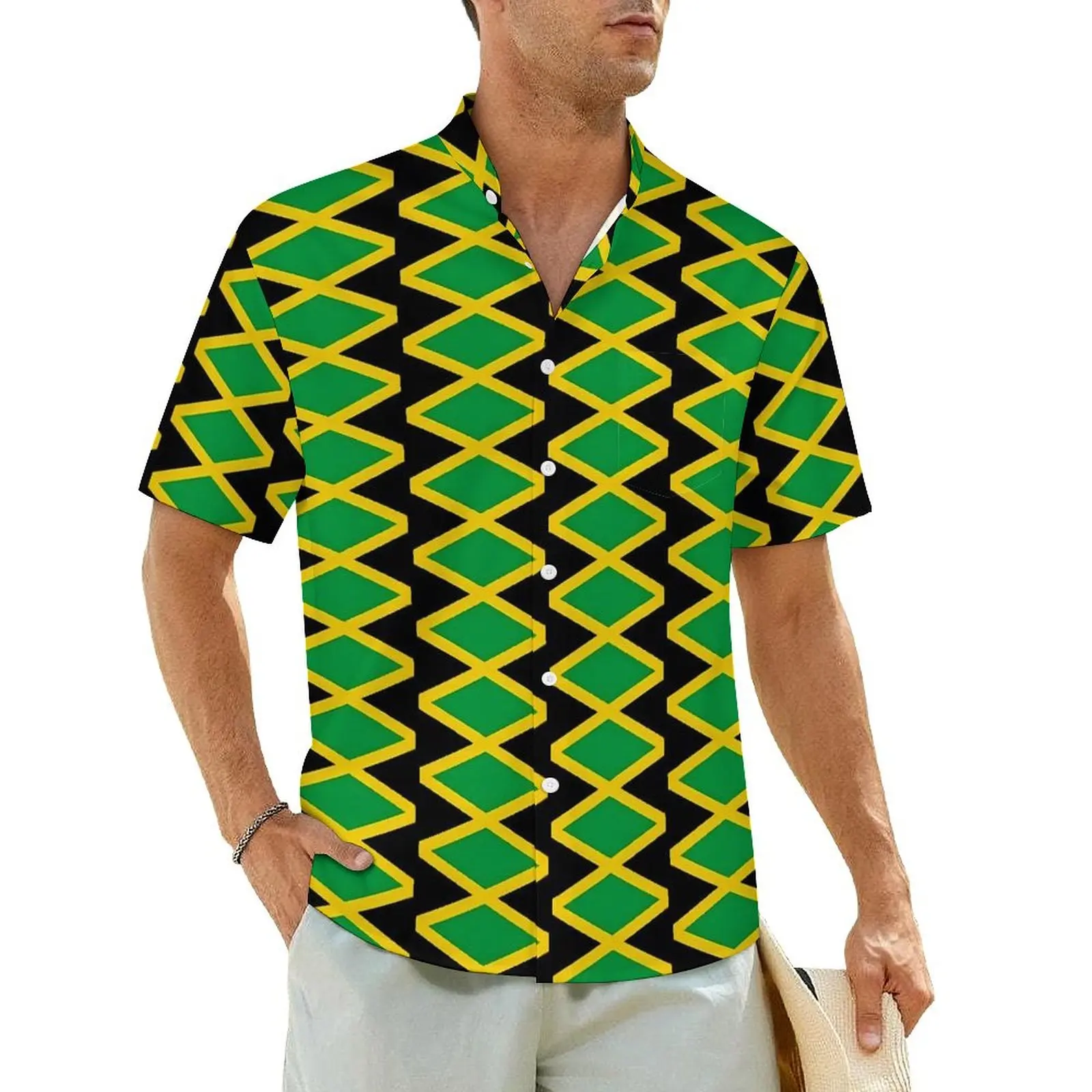 

Hawaiian Shirt Beach Jamaican Flag Blouses Yellow Green Elegant Casual Shirts Men Short Sleeve Street Style Oversized Clothing