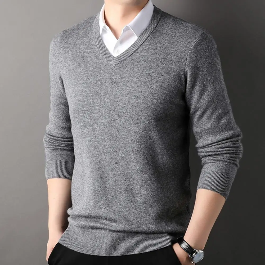 Fall Winter Men Sweater V Neck Knitted Top Solid Color Elastic Stretchy Pullover Mid Length Formal Business Style Sweater