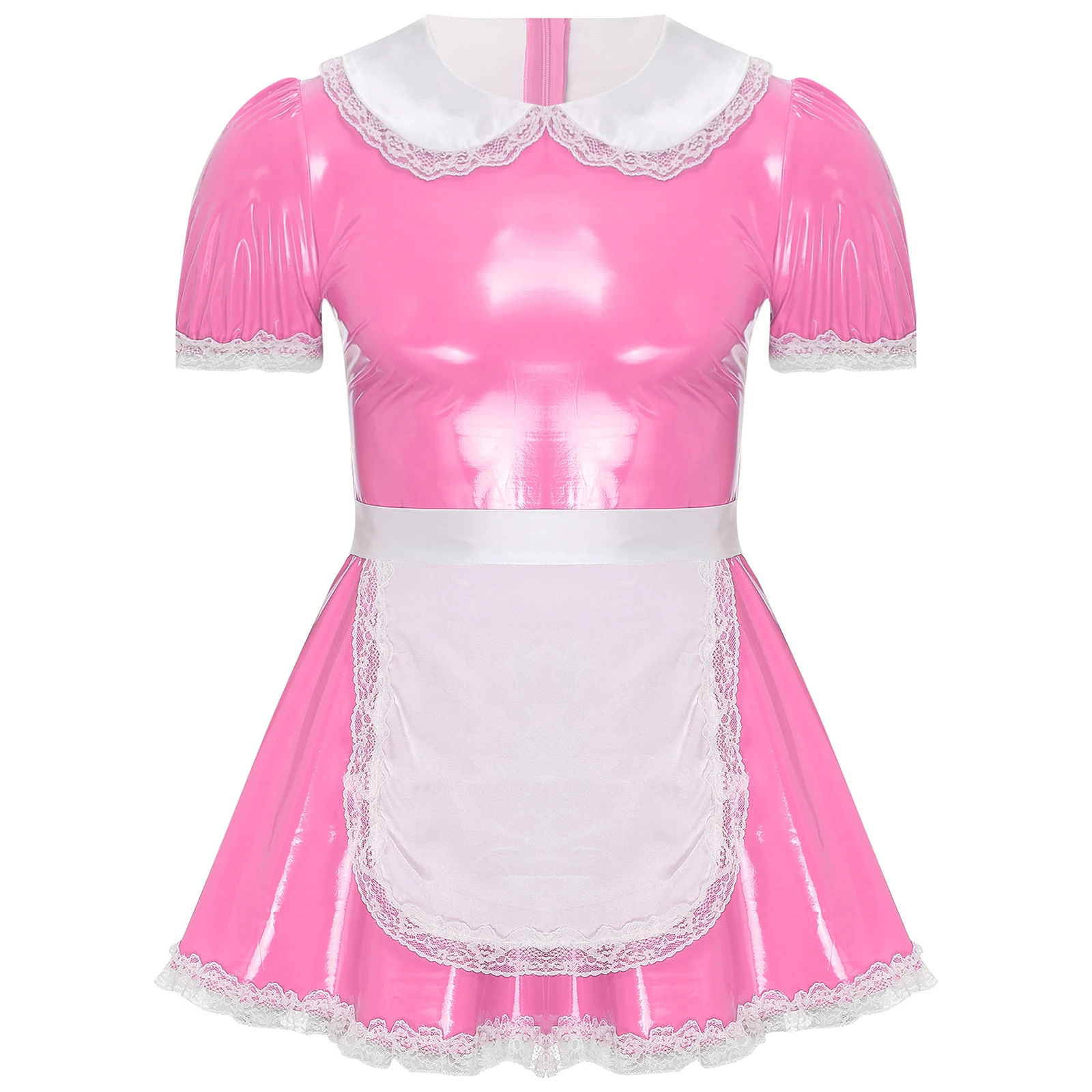 

Gay Mens Sissy Servants Maid Dress with Apron Puff Sleeve Ruffle Lace Patent Leather A-Line Dress Cosplay Crossdresser Costume