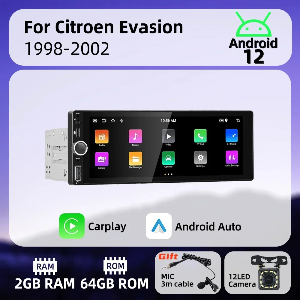 1Din Carplay Android Auto Radio Android Car Multimedia for Citroen Evasion 1998-2002 6.86