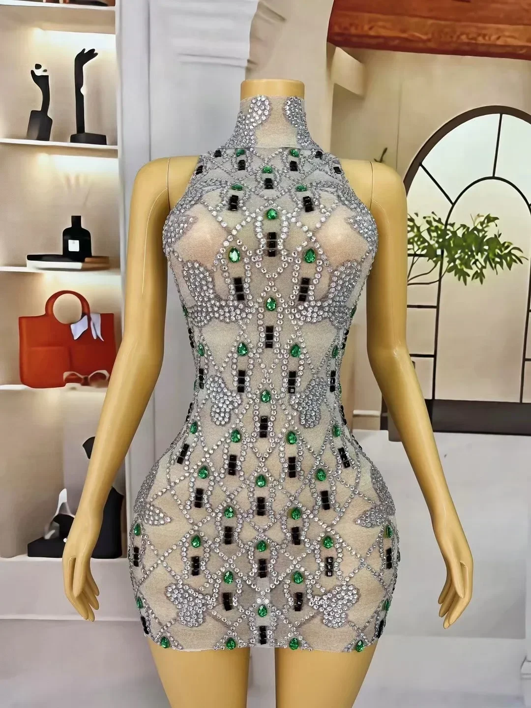 Women New Crystals Diamond See Through Mesh Prom Gowns Cocktail Dresses Celebrate Show Wear Luxury Birthday Elegant Dress