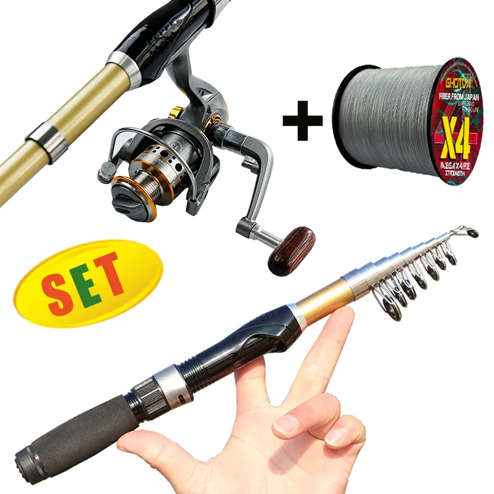 Travel Telescopic Fishing Rod Set 1.5-2.1m DC1000/2000/3000 Series Spinning Fish Reel with Fish Line Trout Fishing Pole Tackle