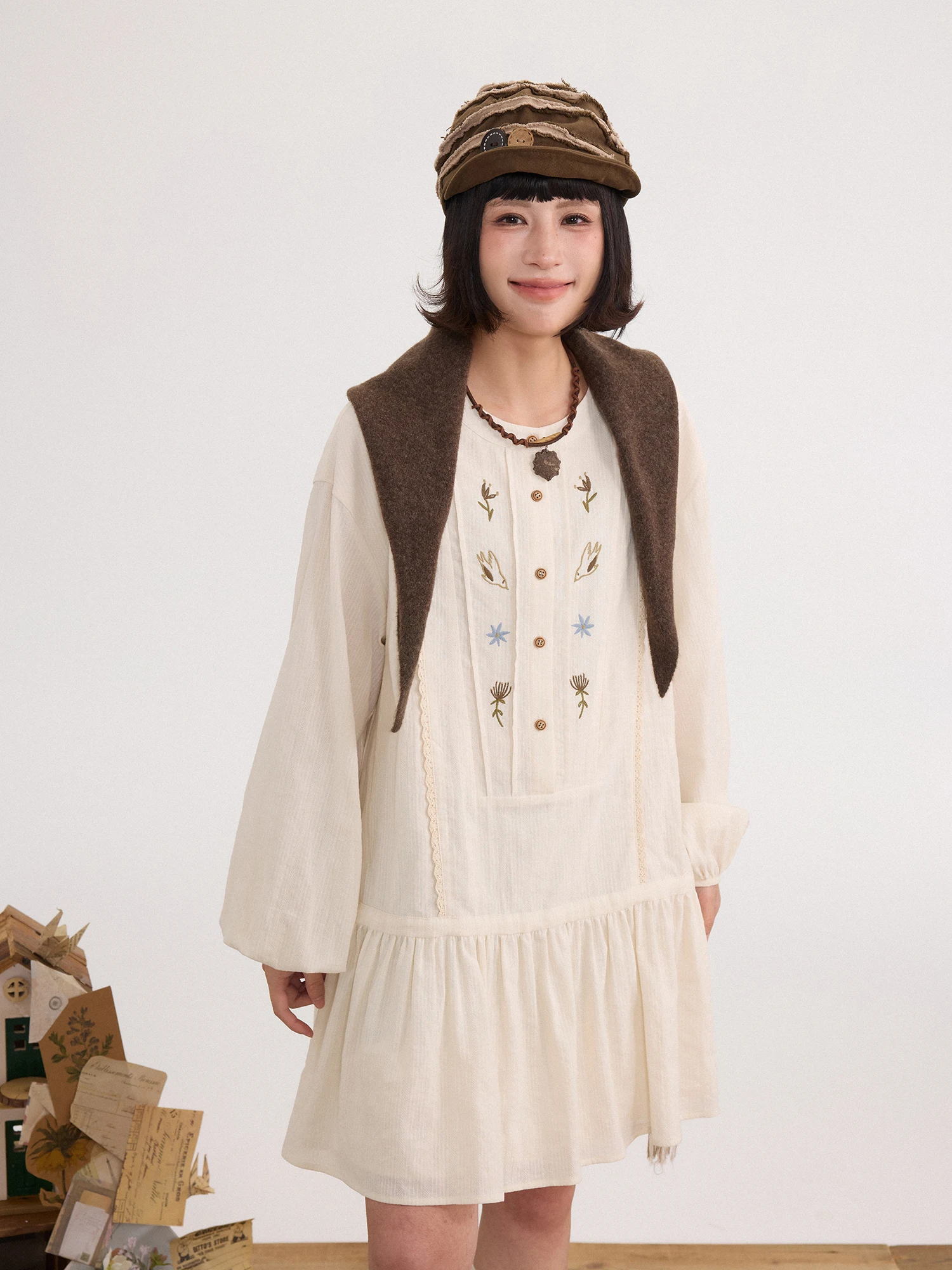 

Retro Pure Cotton Floral Embroidery A-Line oulder-Down irt Women's Loose Fit Casual Long Sve round Ne Button-Up Top