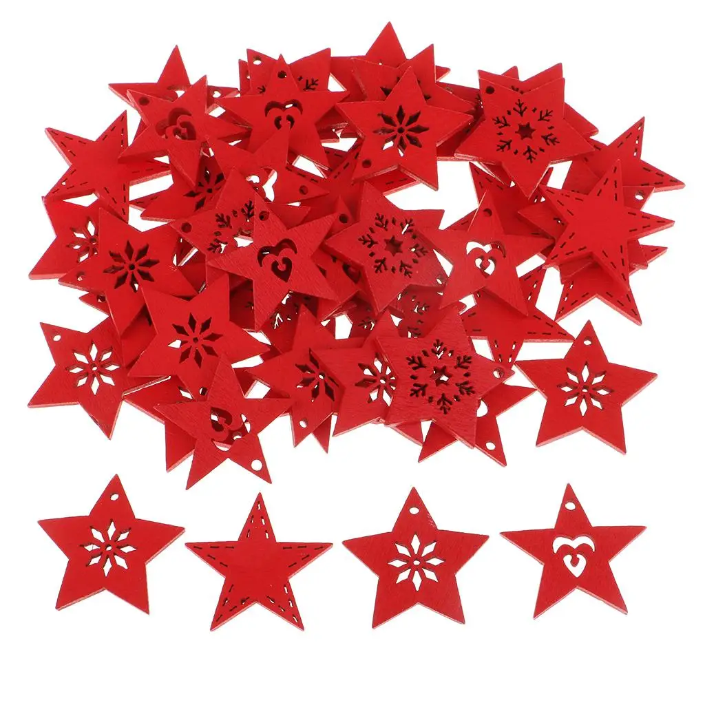 5-6pack 50 Pieces Wood Star Shapes Snowflake Wooden Christmas Decorations red