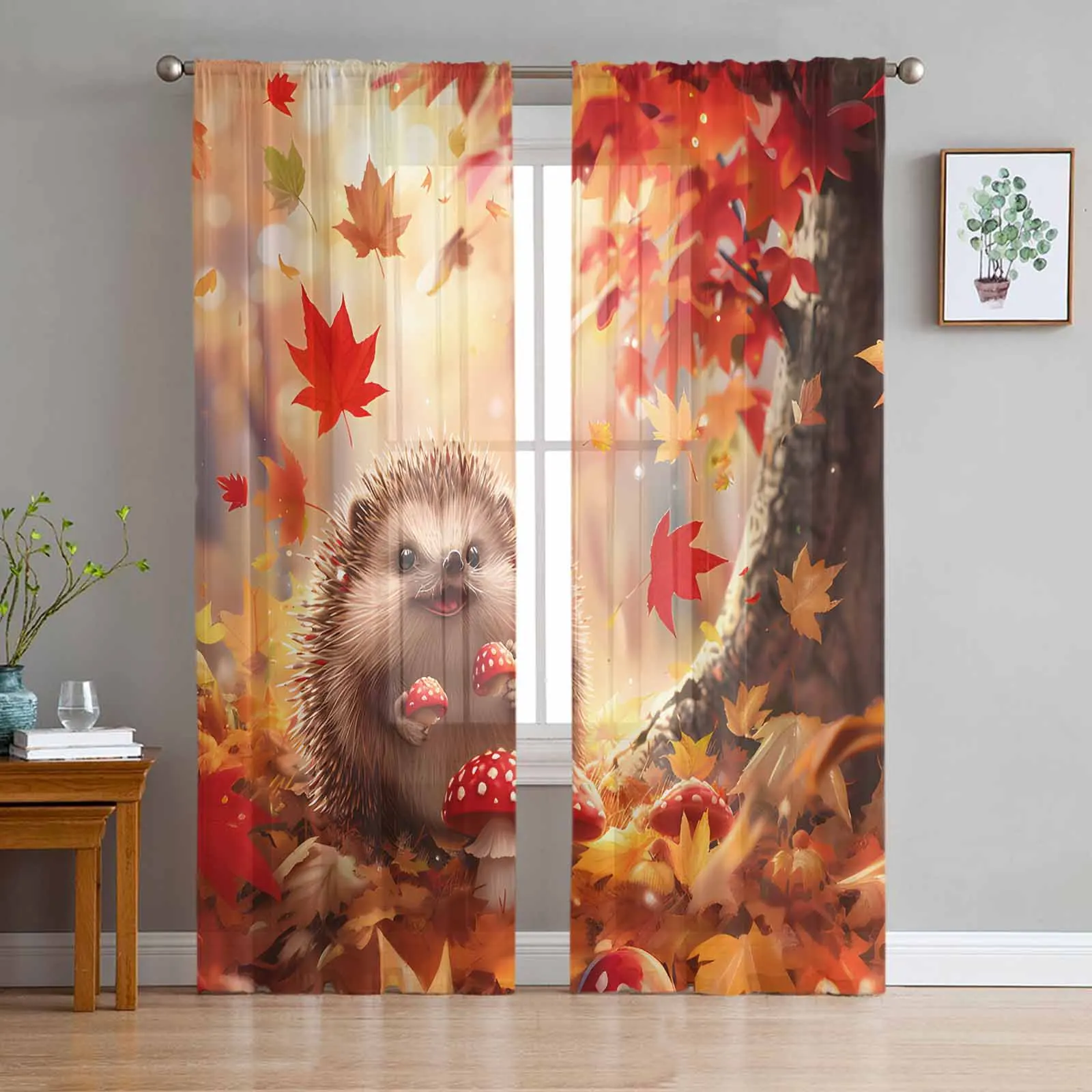 Autumn Maple Leaf Forest Hedgehog Mushroom Sheer Curtain Living Room Drapes Home Bedroom Voile Curtain Tulle Window Curtain