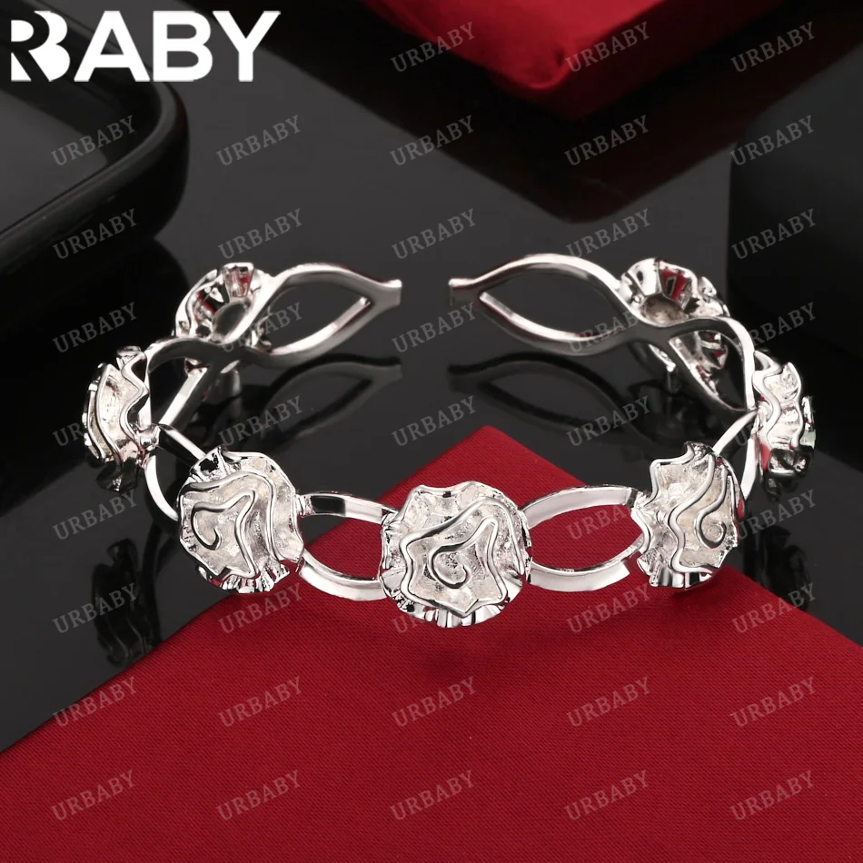 

URBABY 925 Sterling Silver Bangle Seven Three-dimensional Roses Bracelet For Women Jewelry Fashion Party And Daily Wear