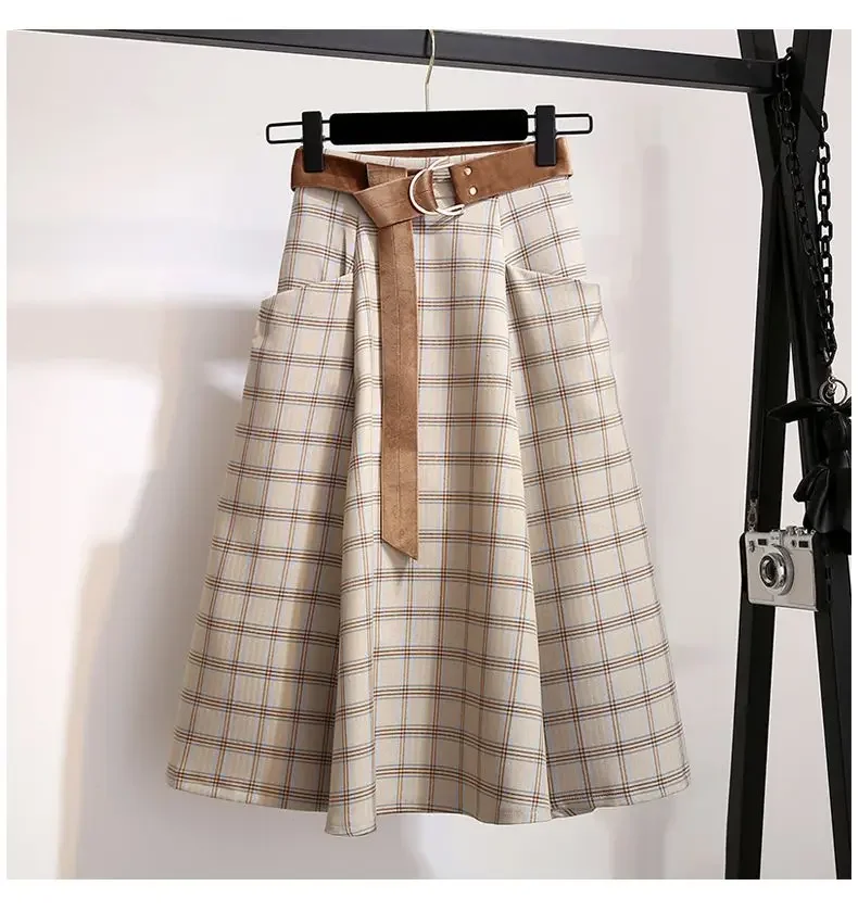 Plaid Vantage Hohe Taille A-linie Lose Mit Gürtel Tasche frauen Rock Koreanische Mode Mid-Kalb Lange Röcke Für frauen 2026 Frühling – Detail 4