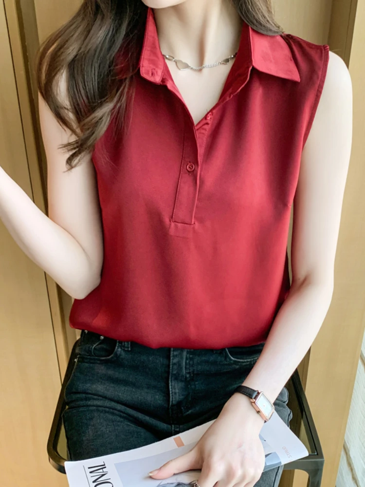 Fashion Summer Blouses for Women Soild Womens Tops Shirt Chiffon Sleeveless Womens Blouses Basic OL Female Clothing Sexy Blouses