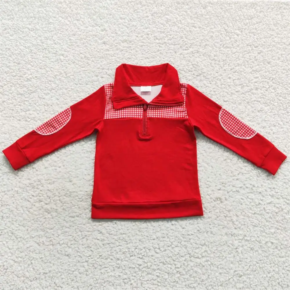 

Wholesale Baby Boy Red Collar Tee Lapel Zipper Top Children Cotton Clothing Toddler Pullover Clothes Long Sleeves Plaid Shirt