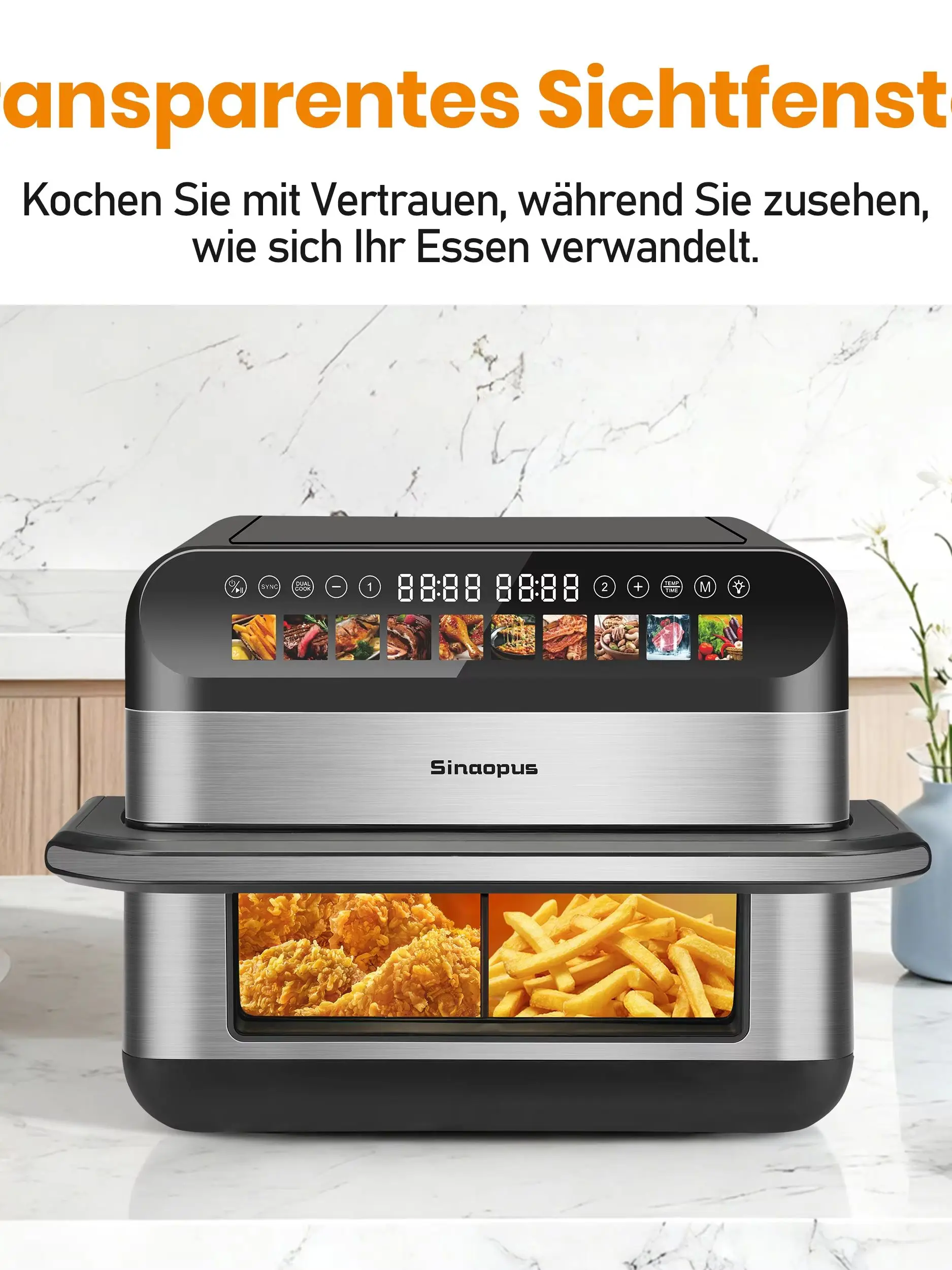 Sinaopus Frytkownica beztłuszczowa 10L Dual Basket Air Fryer, podwójny kosz, air fryer XXL, piekarnik beztłuszczowy, LED Touch, okno podglądu, bez oleju — 2