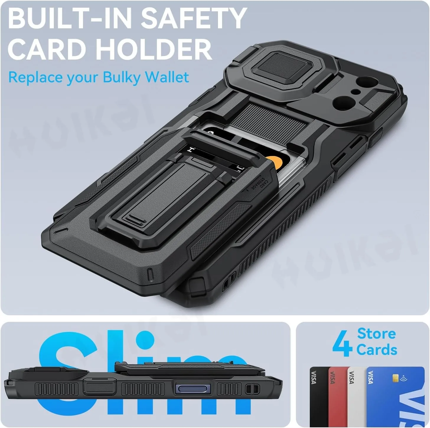 Etui na iPhone 18 Pro Max iPhone 17 Pro Max z półautomatycznym slotem na karty, wytrzymałe, solidne, z podstawką i ochroną obiektywu aparatu. — zdjęcie produktu 3