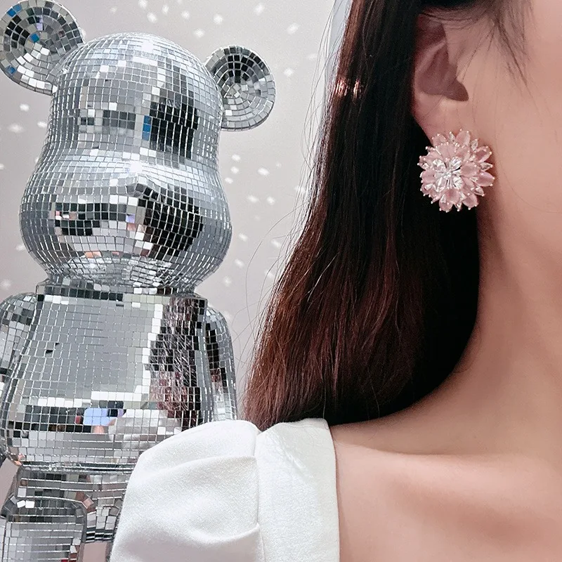 3D Pink Petal Fully Paved Crystal Flower Earrings with Gold 925 Silver Studs