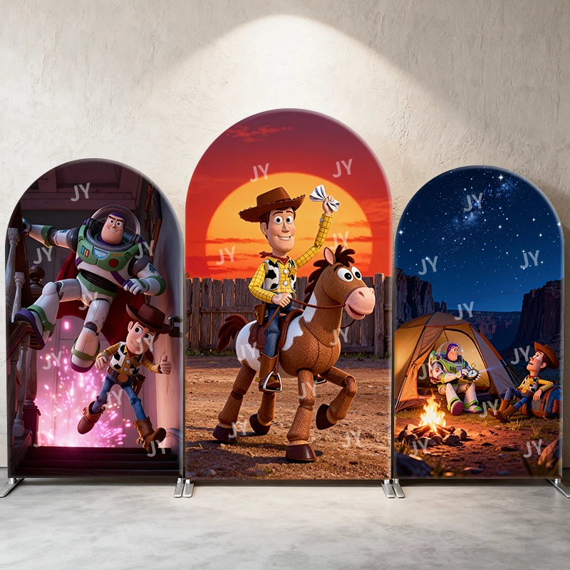 

Toy Story Arch Backdrop Cover Woody Buzz Horse Campfire Scene Kids Birthday Baby Shower Photo Booth Decor Background
