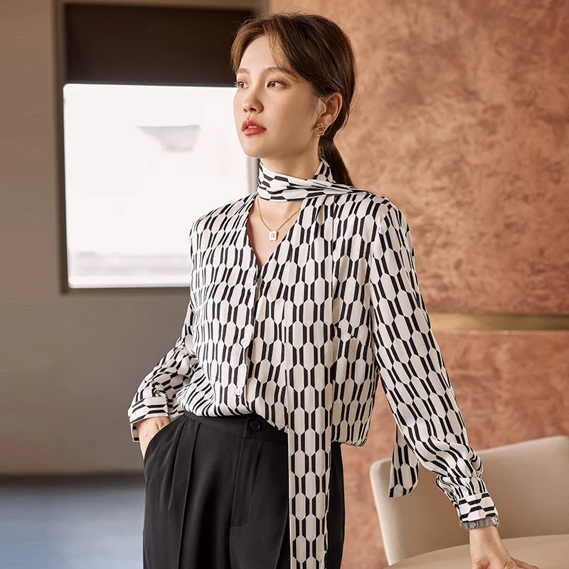 FANIECES-Blusa de satén con estampado geométrico para mujer, camisa de manga larga con cuello de lazo, elegante, para oficina, novedad de otoño