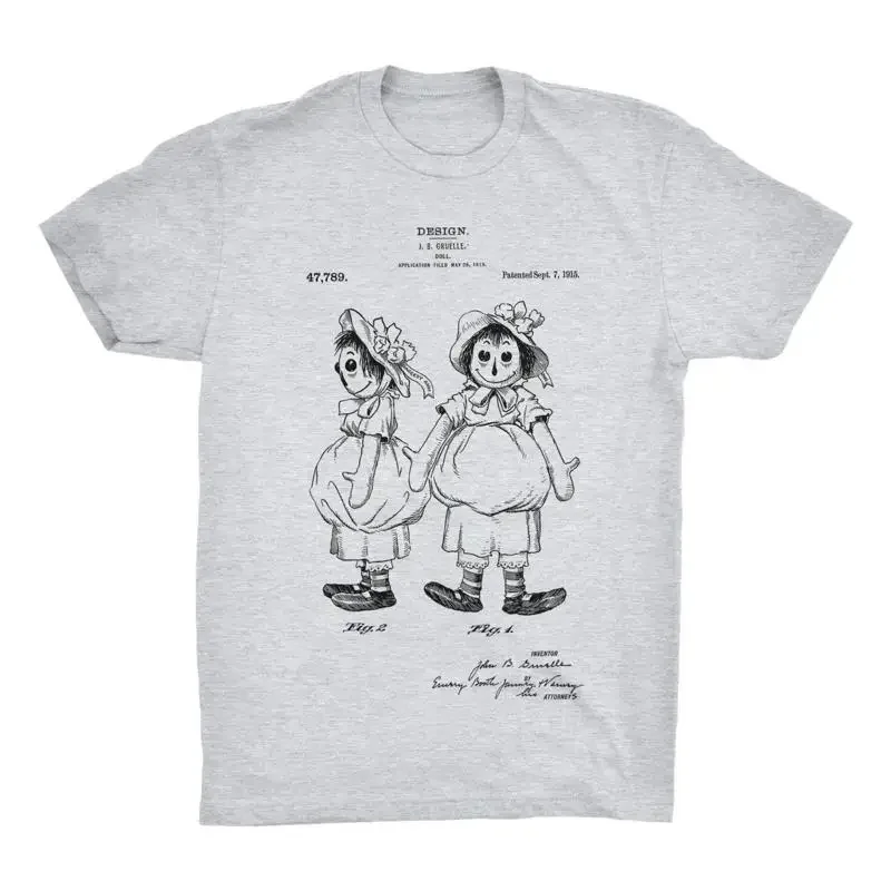 Raggedy Ann Patent T Shirt Rag Doll Premium Cotton Black White or Gray NEW