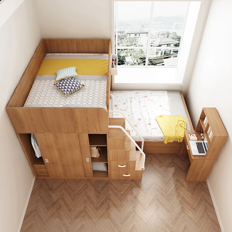 Household Child And Mother Desk Wardrobe Modern bedroom furniture Children's Staggered Upper And Lower Bunk Beds Small Apartment