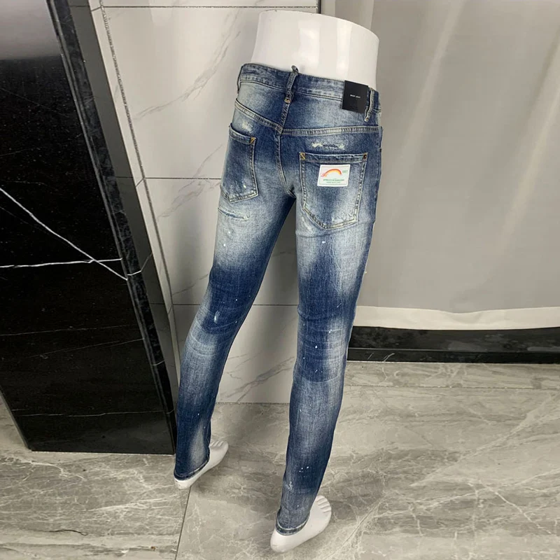 High Street Fashion Men Jeans Retro Blue Stretch Slim Fit Patched Ripped Jeans Men Brand Designer Vintage Denim Pants Hombre