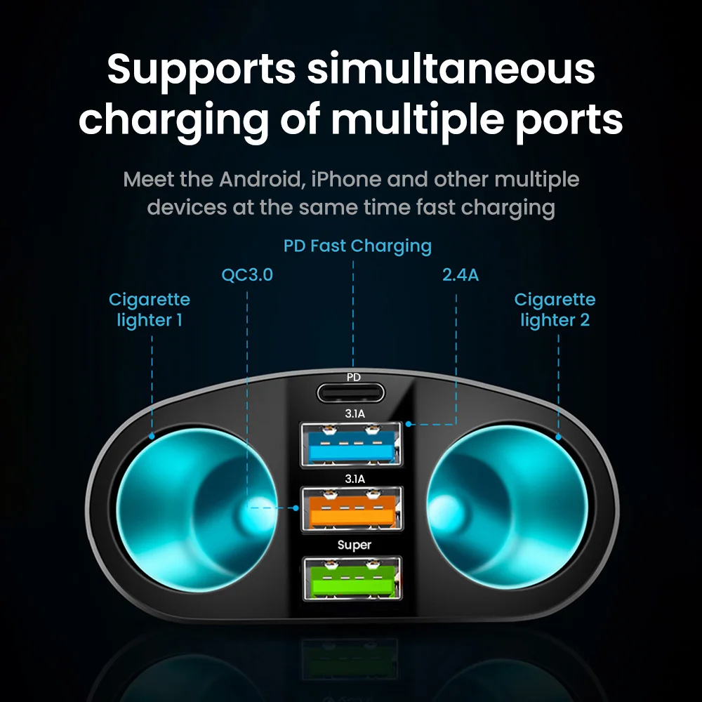 شاحن سيارة Elough 66W فائق السرعة QC3.0 مع شاشة رقمية 2 في 1 شاحن سيارة USB متعدد الوظائف #2