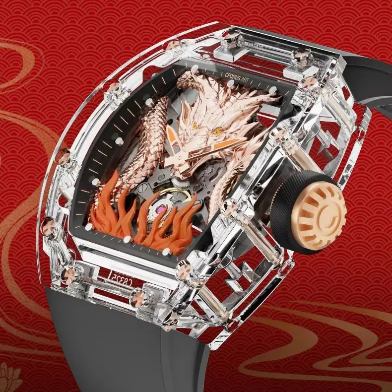 

CRONUSART мужские автоматические часы 50 мм Tonneau механические наручные часы акриловый корпус светящийся ремешок из фторкаучука скелетон циферблат дракона