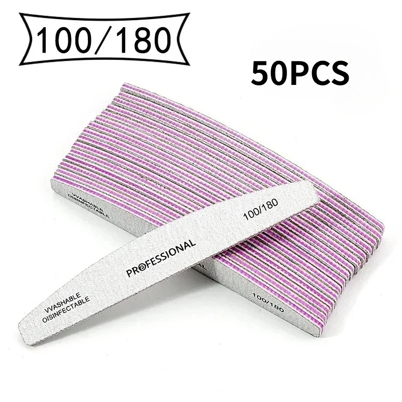5-50Pc 100/180 Nail Art Sanding Sandpaper Nail Washable Nail File Semilune Banana Buffing Curved Professional Manicure Tools Set