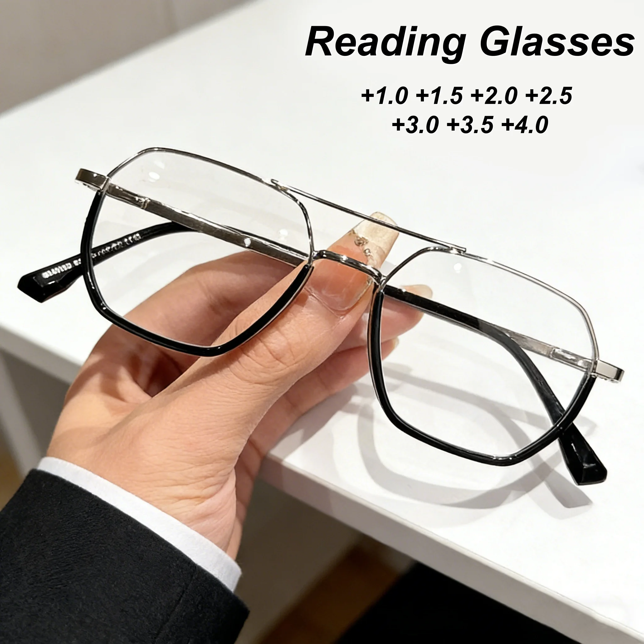 Metal Double-Bridge Square Frame Presbyopia Glasses Classic Oversized Frame Comfortable Blue Light Blocking Reading Glasses