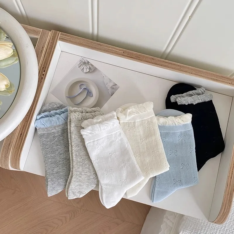 

Spring summer thin bow lace socks mid length socks fashionable versatile cute solid color pile up long socks