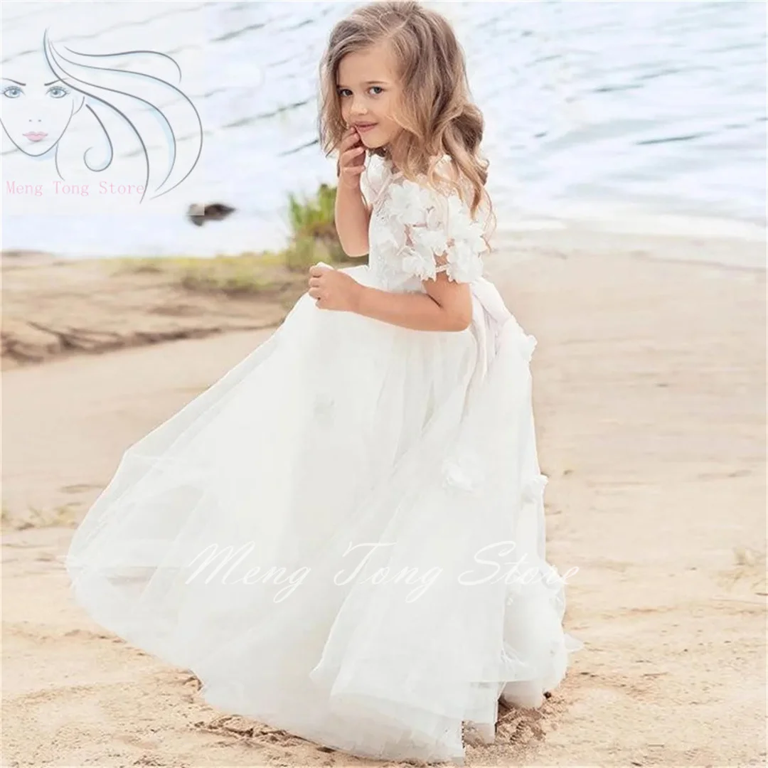 Vestido de encaje de tul con apliques de flores para niña, vestido elegante de boda con flores para celebración de primera comunión para niños