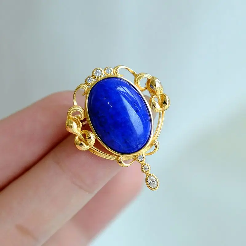 New exquisite lapis lazuli blue fan vintage brooches for women pendant dual-use chinese style classic pin broche silver jewelry