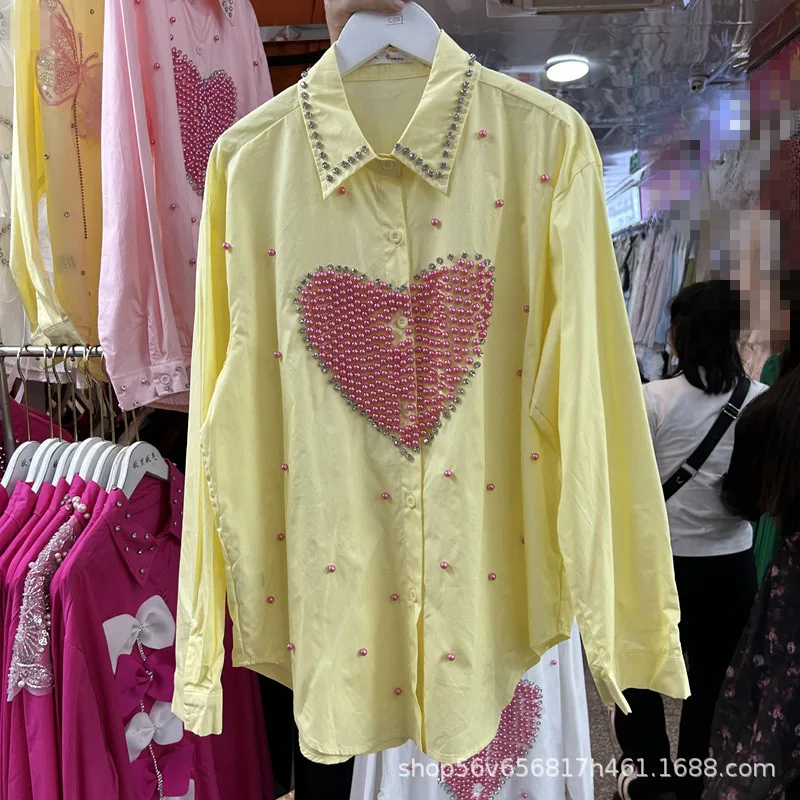 Heavy Love Beading Diamonds Female Blouses New Spring Autumn Loose Long Sleeve Cardigans Top Single-breasted Casual Women Shirts
