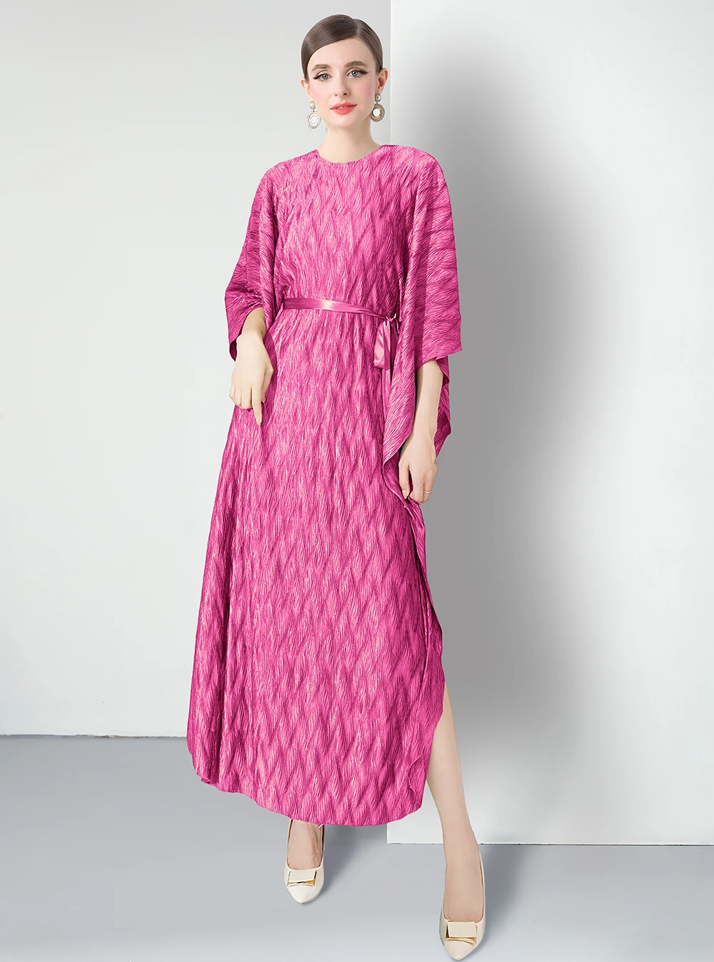 

Bat Sleeve Jacquard Pleated Dress with Lace Up Slimming French Women's Spring Autumn Long Style Noble Elegant Dress Versatile